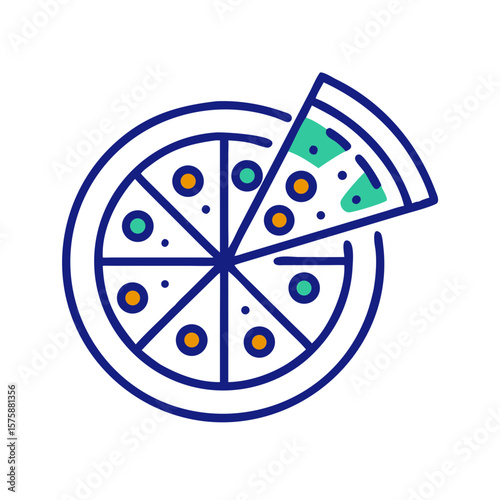 Flat icon of pizza with sliced piece, representing fast food, takeaway meal, Italian cuisine and comfort food, no background
