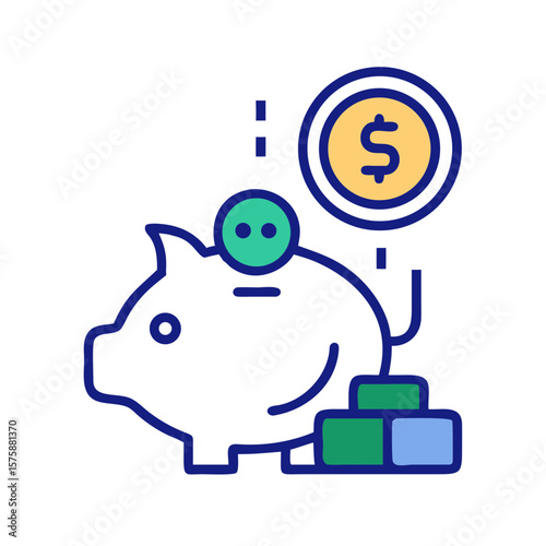 Flat icon of piggy bank with coin and stack, representing personal savings, money management, financial planning and budget growth, no background
