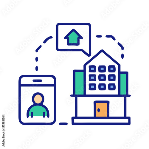 Flat icon of mobile phone and building with arrow, representing online property transaction, real estate purchase, digital housing platform and remote rent process, no background
