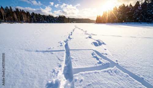 Frozen lake trail, footprints in snow, sunlight