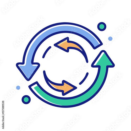 Flat icon of circular arrows forming a loop, representing ongoing cycle, process management, workflow rotation and continuous improvement, no background
