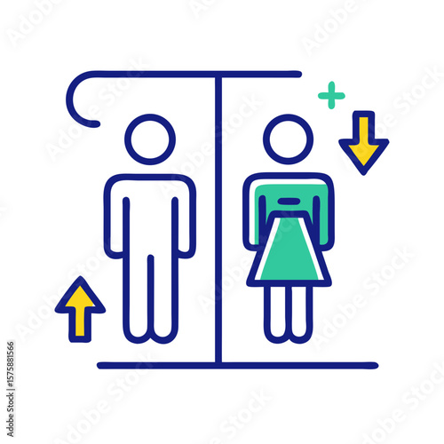 Flat infographic of male and female figures with arrows, representing gender comparison, balance ratio, population difference and diversity data analysis, no background
