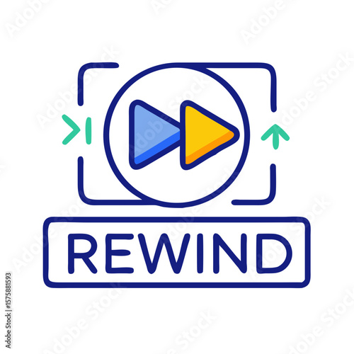 Flat icon of rewind media button with arrows and text, representing backward navigation, content replay, interface control and digital playback functionality, no background
