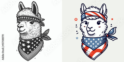 A Alpaca wear american flag print bandana. Minimal Vintage Grunge Independence Day 4th of July Patriotic Usa America Retro Clipart. Cute in stars and stripes headwear pet neckerchief.