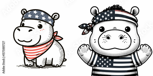 A baby hippo wear american flag print bandana. Minimal Vintage Grunge Independence Day 4th of July Patriotic Usa America Retro Clipart. Little in kerchief cute infant animal with stars.