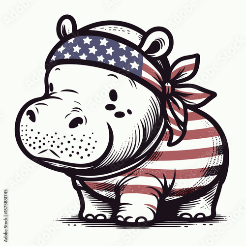 A baby hippo wear american flag print bandana. Minimal Vintage Grunge Independence Day 4th of July Patriotic Usa America Retro Clipart. Tiny in stars and stripes neck wear cute animal.