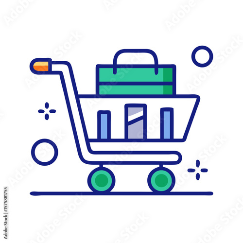 Colorful flat icon of shopping cart with basket, representing grocery store, supermarket, retail commerce, consumer behavior and online shopping, no background
