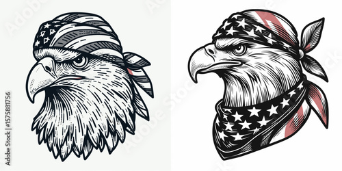 A Bald Eagle wear american flag print bandana. Minimal Vintage Grunge Independence Day 4th of July Patriotic Usa America Retro Clipart. banner on majestic bird symbol image national pride.