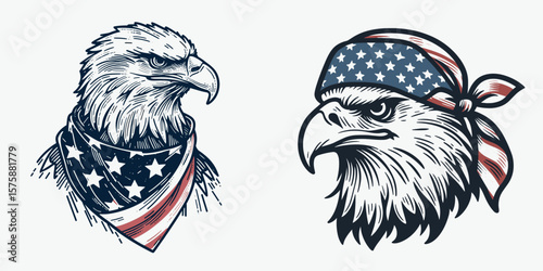 A Bald Eagle wear american flag print bandana. Minimal Vintage Grunge Independence Day 4th of July Patriotic Usa America Retro Clipart. freedom bird bandana cloth face cover symbol.