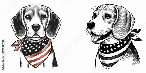 A Beagle Dog wear american flag print bandana. Minimal Vintage Grunge Independence Day 4th of July Patriotic Usa America Retro Clipart. Canine in stars and stripes headwear puppy.