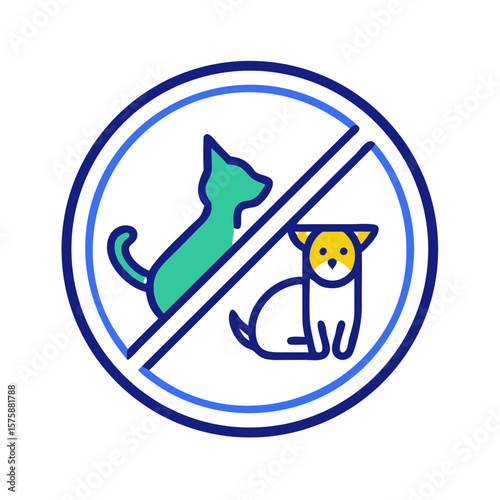 Flat prohibition sign over dog and cat icon, representing no pets allowed, animal entry restriction, public space policy and hygiene regulation, no background
