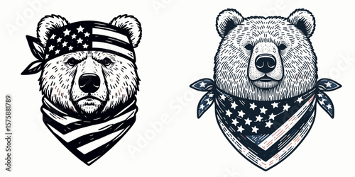 A Bear wear american flag print bandana. Minimal Vintage Grunge Independence Day 4th of July Patriotic Usa America Retro Clipart. Bruin sport neckerchief with star-spangled banner design.