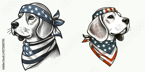 A Beagle Dog wear american flag print bandana. Minimal Vintage Grunge Independence Day 4th of July Patriotic Usa America Retro Clipart. Canine in star-spangled banner scarf neckwear.