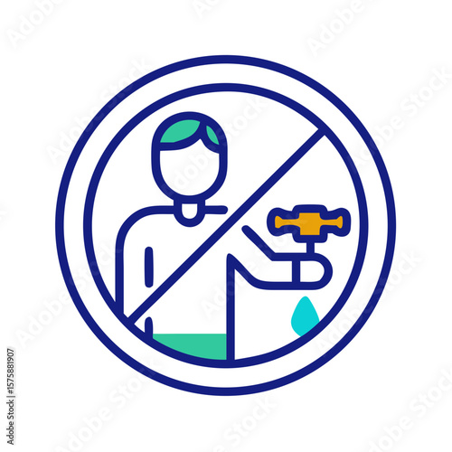 Prohibition sign over person with faucet in flat outline style, representing no handwashing allowed, restricted water usage, emergency shutdown and hygiene regulation, no background
