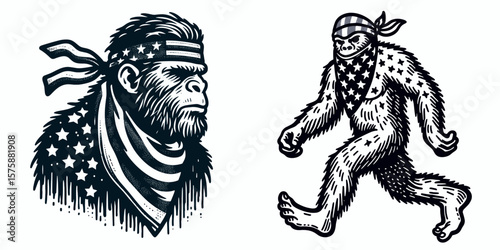 A Bigfoot wear american flag print bandana. Minimal Vintage Grunge Independence Day 4th of July Patriotic Usa America Retro Clipart. Hairy wildman in stars and stripes kerchief united state.