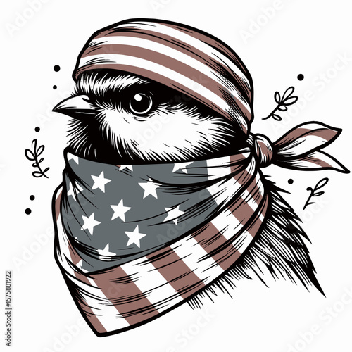 A bird wear american flag print bandana. Minimal Vintage Grunge Independence Day 4th of July Patriotic Usa America Retro Clipart. Avian pet with united states banner pattern kerchief animal.