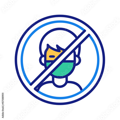 Prohibited icon over person in medical mask in flat minimal style, symbolizing no face mask area, identity check enforcement, surveillance policy and access control, no background
