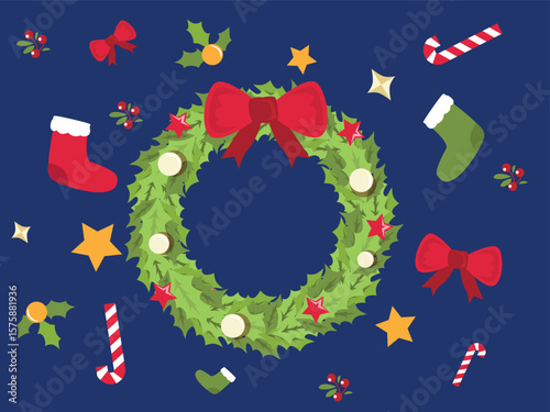 Christmas wreath decoration with cute ornaments, typical Christmas decorations