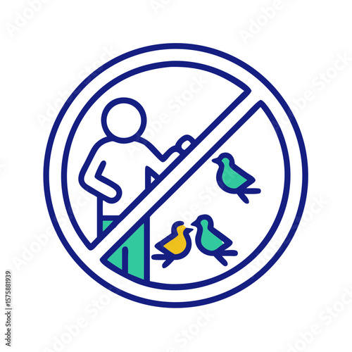Prohibition sign over person feeding birds in flat outline style, representing bird feeding ban, hygiene policy, animal control and park management, no background
