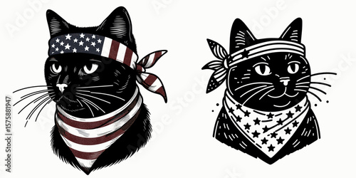 A Black Cat wear american flag print bandana. Minimal Vintage Grunge Independence Day 4th of July Patriotic Usa America Retro Clipart. Dark feline in stars and stripes neckerchief pet.