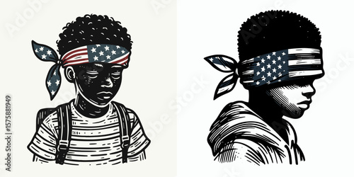 A black boy wear american flag print bandana. Minimal Vintage Grunge Independence Day 4th of July Patriotic Usa America Retro Clipart. Young male sporting banner design head covering kid.