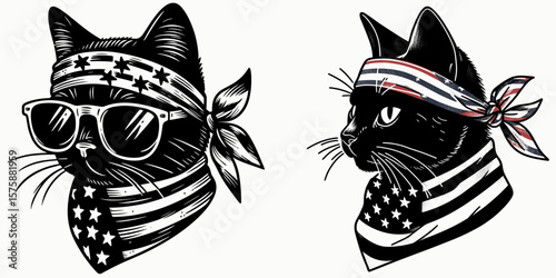 A Black Cat wear american flag print bandana. Minimal Vintage Grunge Independence Day 4th of July Patriotic Usa America Retro Clipart. Dark feline in head covering with emblem design.
