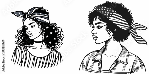 A black girl wear american flag print bandana. Minimal Vintage Grunge Independence Day 4th of July Patriotic Usa America Retro Clipart. Young african woman sporting head covering pattern.