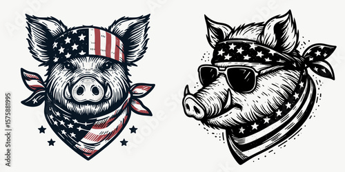 A boar wear american flag print bandana. Minimal Vintage Grunge Independence Day 4th of July Patriotic Usa America Retro Clipart. Wild pig don star-spangled head covering adornment.