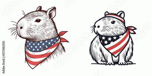 A capybara wear american flag print bandana. Minimal Vintage Grunge Independence Day 4th of July Patriotic Usa America Retro Clipart. Rodent pet with stars and stripes neckwear head.
