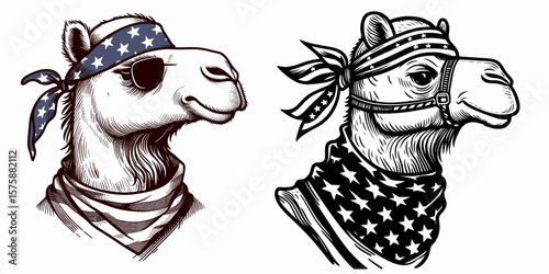 A Camel wear american flag print bandana. Minimal Vintage Grunge Independence Day 4th of July Patriotic Usa America Retro Clipart. Desert beast donning stars and stripes neckwear design.