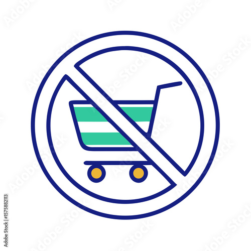 Prohibited shopping cart icon in flat outline style, representing trolley restriction, access limitation, no carts area and public facility policy, no background

