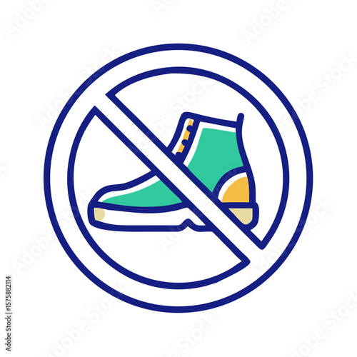 Flat prohibition icon over shoe in minimal style, symbolizing footwear restriction, no-shoes area, hygiene policy, indoor space rules and entry limitation, no background
