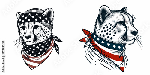 A Cheetah wear american flag print bandana. Minimal Vintage Grunge Independence Day 4th of July Patriotic Usa America Retro Clipart. Spotted feline with stars and stripes neckwear wildlife.