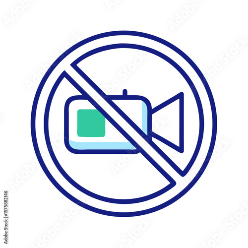 Flat prohibition symbol over camcorder icon, representing no video recording, camera ban, restricted media zone and surveillance prevention, no background
