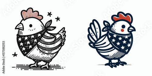 A Chicken wear american flag print bandana. Minimal Vintage Grunge Independence Day 4th of July Patriotic Usa America Retro Clipart. Fowl in star-spangled neckwear farm bird with kerchief.