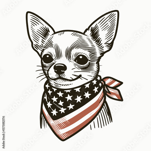 A Chihuahua Dog wear american flag print bandana. Minimal Vintage Grunge Independence Day 4th of July Patriotic Usa America Retro Clipart. Tiny canine sporting stars & stripes neckwear pet.