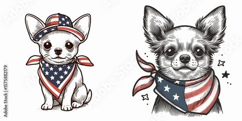 A Chihuahua Dog wear american flag print bandana. Minimal Vintage Grunge Independence Day 4th of July Patriotic Usa America Retro Clipart. Tiny canine sporting neckerchief with stars.
