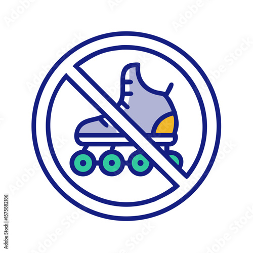 Prohibition sign over inline skate in minimal flat style, symbolizing rollerblading ban, restricted area, no skating zone and movement control, no background
