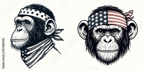 A Chimpanzee wear american flag print bandana. Minimal Vintage Grunge Independence Day 4th of July Patriotic Usa America Retro Clipart. Primate with star-stripe kerchief ape in nation.
