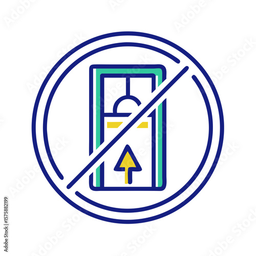 Prohibition symbol over open elevator with arrow in clean flat style, representing restriction on elevator use, safety warning, emergency protocol and access control, no background
