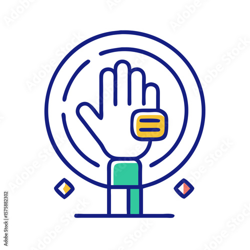 Open hand inside circular scanner frame in flat line style, representing biometric access, identity verification, security control and digital protection, no background
