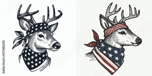 A Deer wear american flag print bandana. Minimal Vintage Grunge Independence Day 4th of July Patriotic Usa America Retro Clipart. Woodland creature sporting united states banner pattern head.