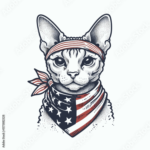 A Devon Rex Cat wear american flag print bandana. Minimal Vintage Grunge Independence Day 4th of July Patriotic Usa America Retro Clipart. Curly coated feline in star spangled banner neck.
