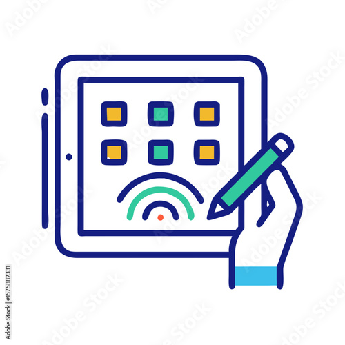 Tablet with colorful app grid and stylus in clean flat style, symbolizing digital creativity, UI layout, touchscreen input, app selection and design interaction, no background
