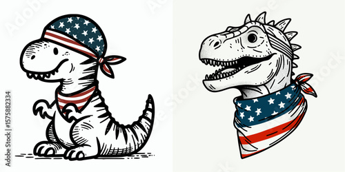 A Dinosaur wear american flag print bandana. Minimal Vintage Grunge Independence Day 4th of July Patriotic Usa America Retro Clipart. Prehistoric reptile in star-striped neckwear theme.