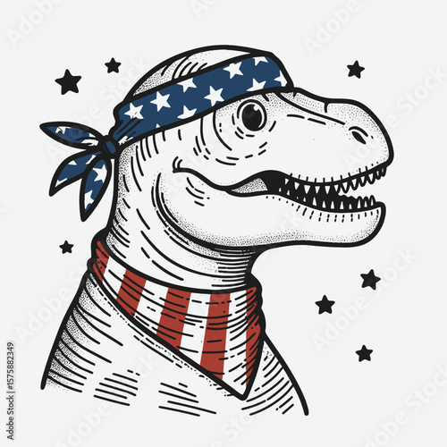A Dinosaur wear american flag print bandana. Minimal Vintage Grunge Independence Day 4th of July Patriotic Usa America Retro Clipart. Reptile flaunt neckerchief united states banner pattern.