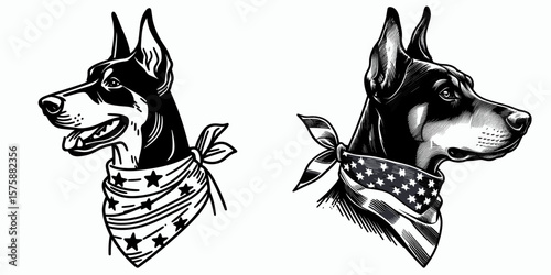 A Doberman Pinscher Dog wear american flag print bandana. Minimal Vintage Grunge Independence Day 4th of July Patriotic Usa America Retro Clipart. Canine in neckwear with stars & stripes.
