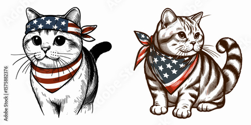 A Domestic Shorthair Cat wear american flag print bandana. Minimal Vintage Grunge Independence Day 4th of July Patriotic Usa America Retro Clipart. Feline in neck wear housecat with star.