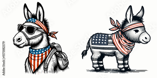 A Donkey wear american flag print bandana. Minimal Vintage Grunge Independence Day 4th of July Patriotic Usa America Retro Clipart. burro sporting stars and stripes head covering neckerchief.