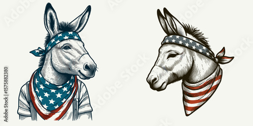 A Donkey wear american flag print bandana. Minimal Vintage Grunge Independence Day 4th of July Patriotic Usa America Retro Clipart. Mule with scarf united states banner design neckerchief.